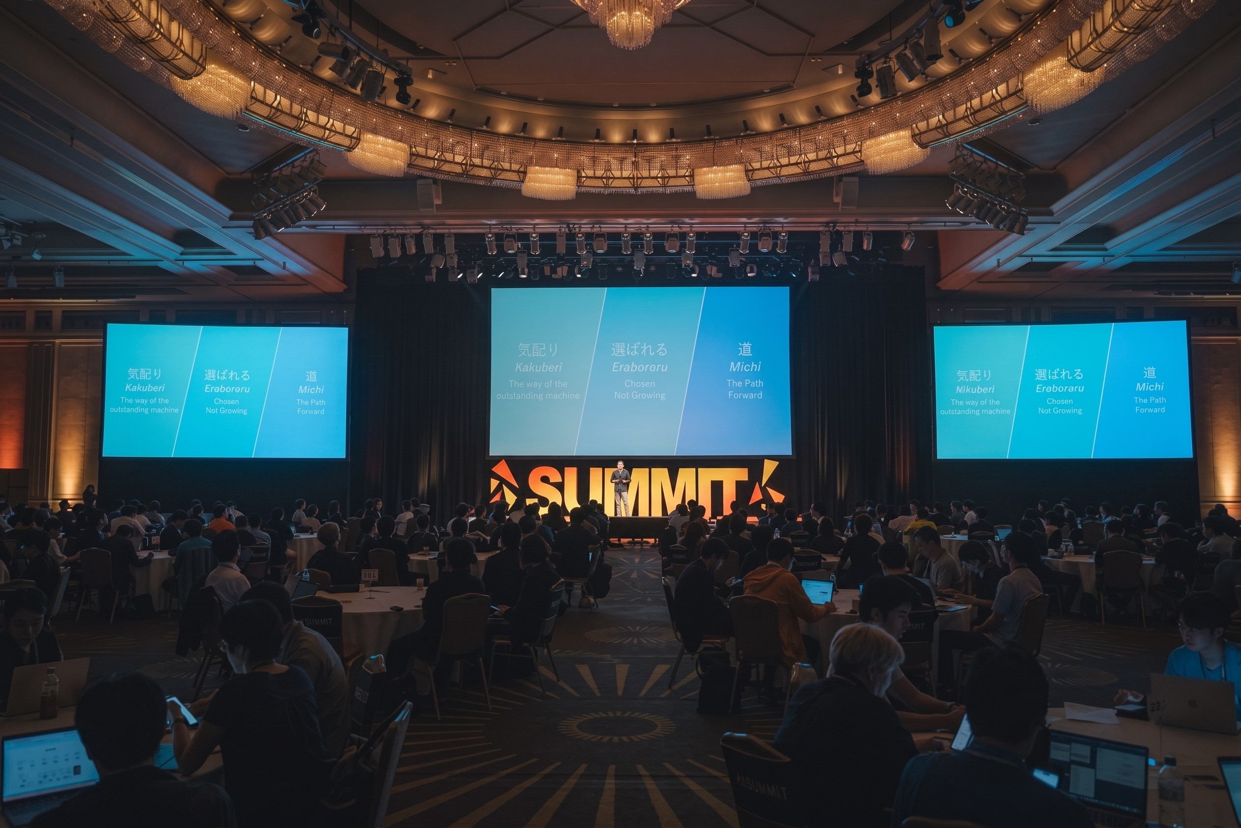 The summit ballroom from the back of the room, three lit screens above a full audience.