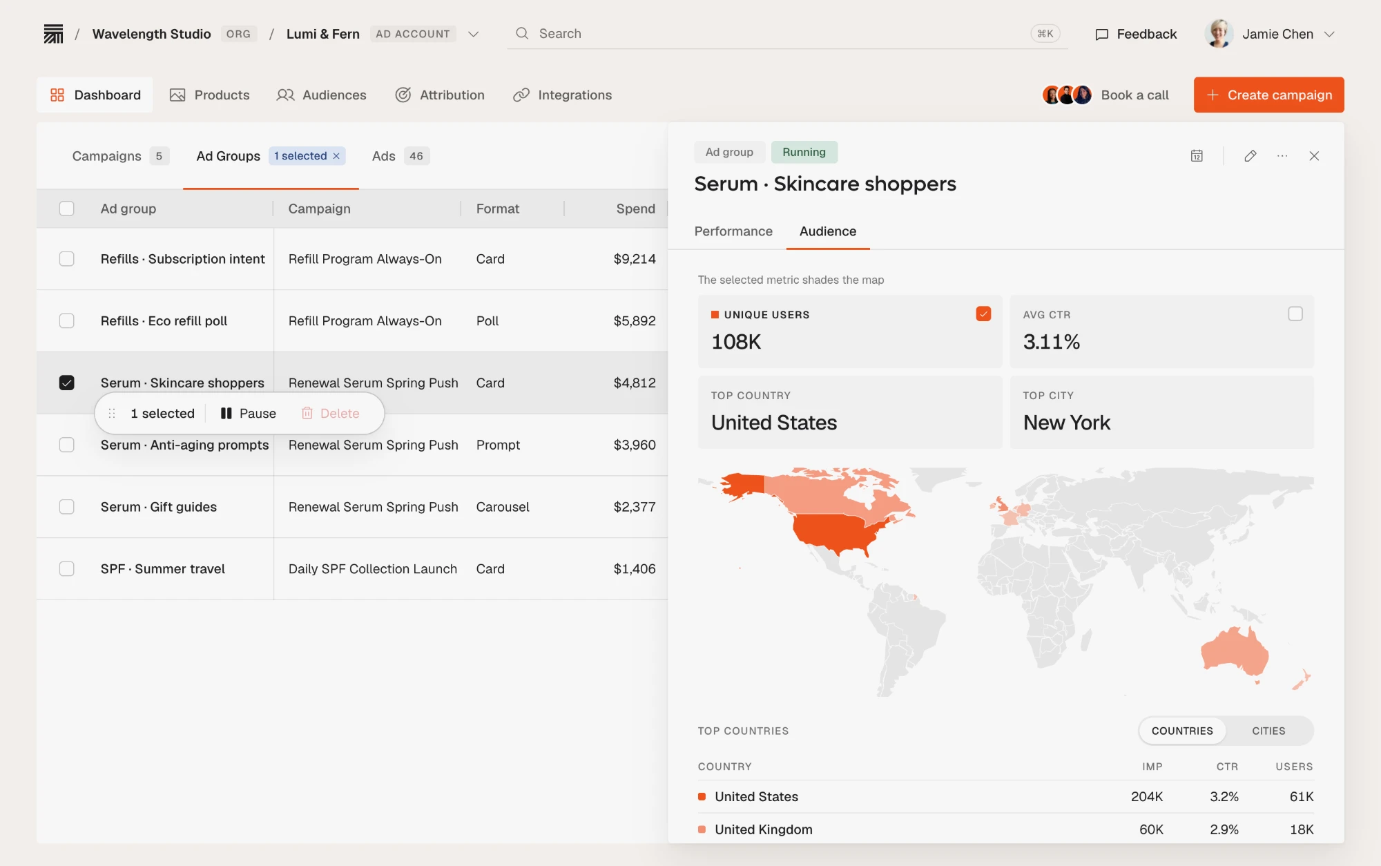 The Thrad Autopilot dashboard: a skincare brand’s ad groups beside an audience map shading unique users by country.