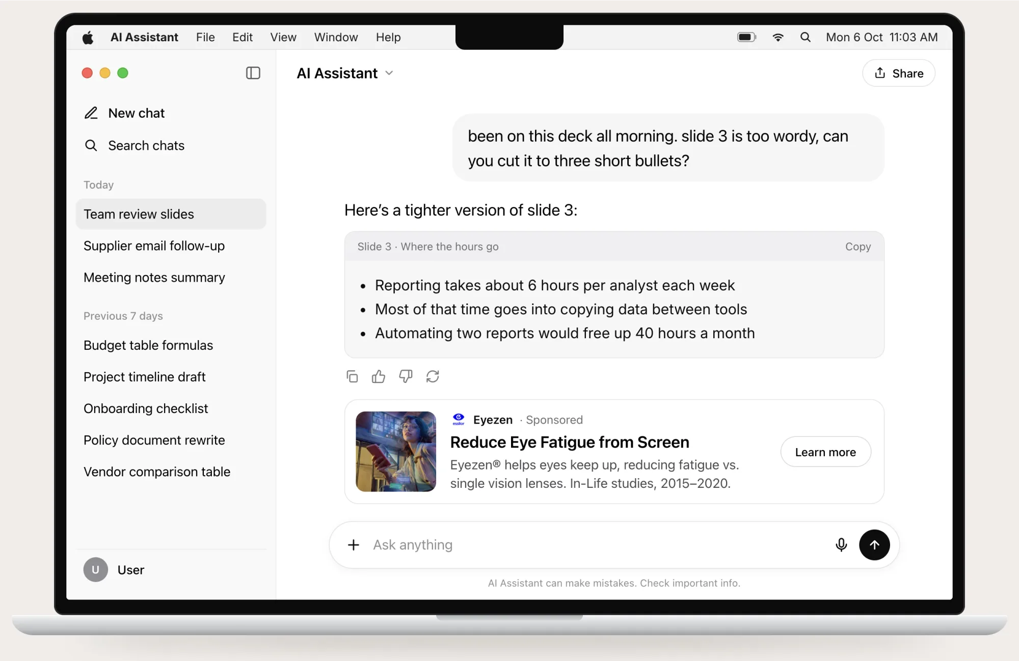 Sample conversation on a MacBook: someone refining presentation slides with an AI assistant, with an Eyezen ad for reducing eye fatigue beneath the latest reply