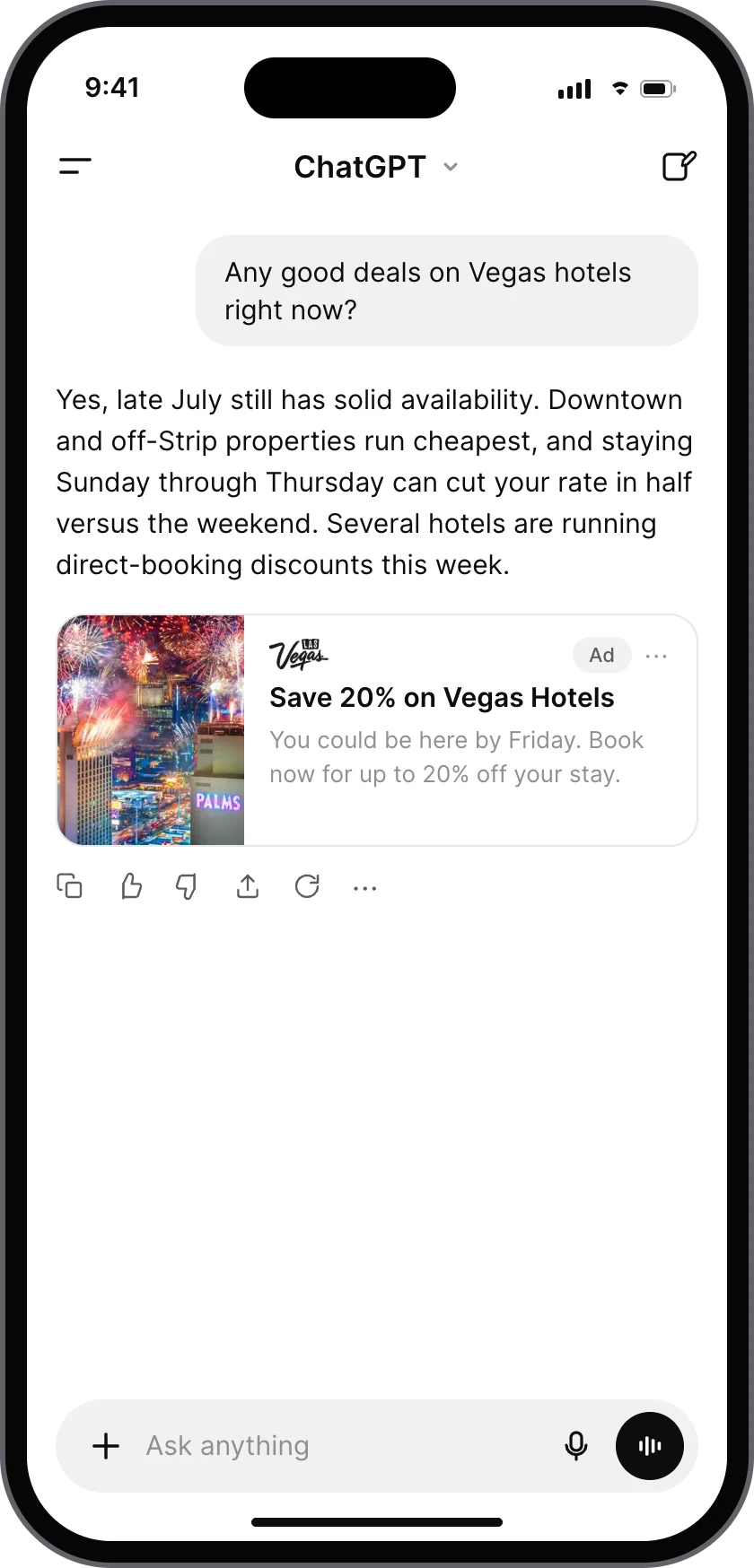 A ChatGPT conversation about Vegas hotel deals, with a clearly labelled sponsored result below the reply.
