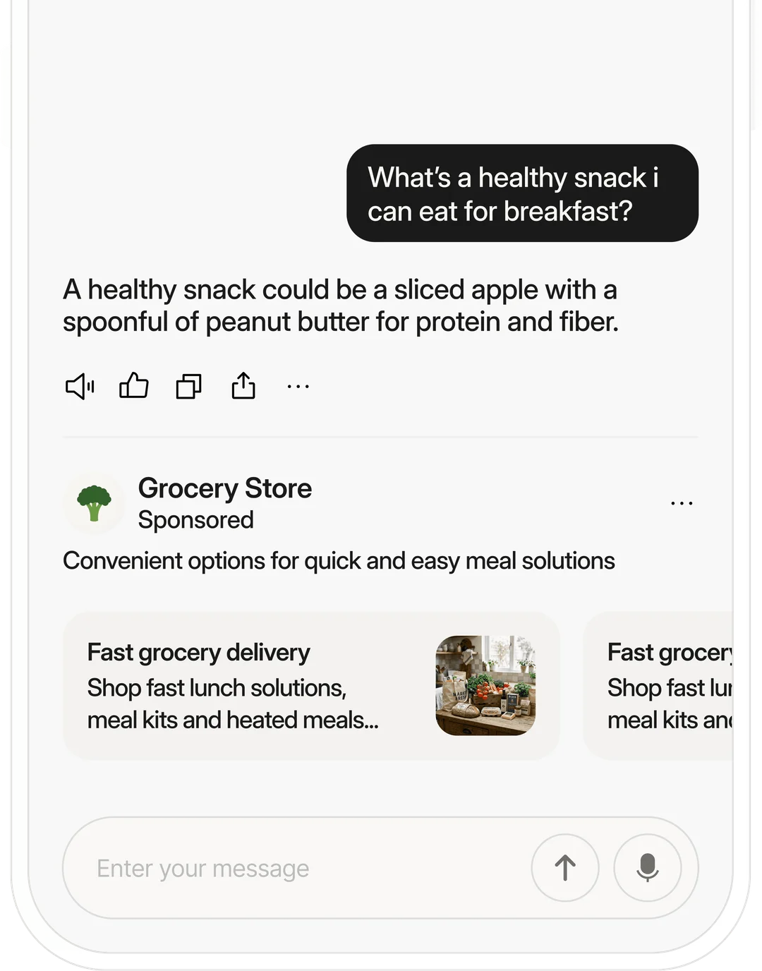 A sponsored grocery delivery card shown under an AI chatbot's answer